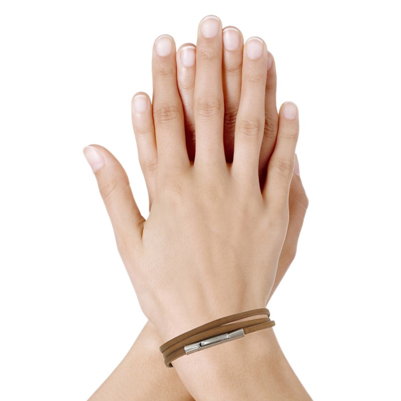 Bracelet Femme Cuir Plat Fermoir Acier Inoxydable - Classics - Marron clair
