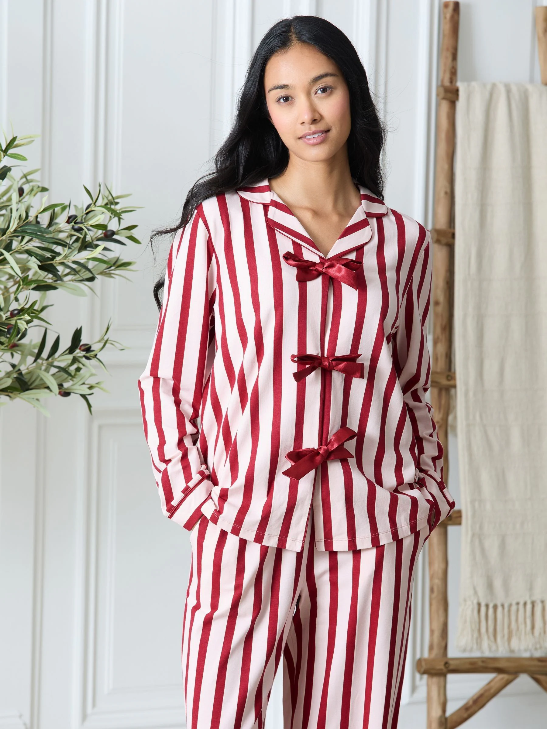 Chelsea Peers Cotton Stripe Tie Front Long Pyjamas Set