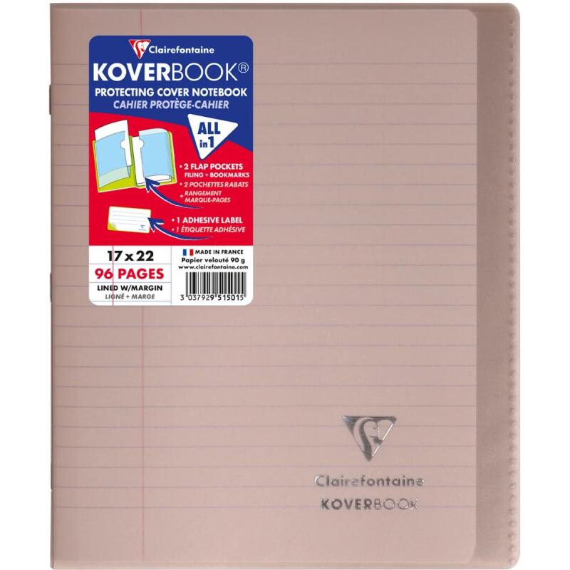 Cahier piqué Koverbook 17x22cm 96 pages ligné + marge couverture polypropylène transparent - Assortis