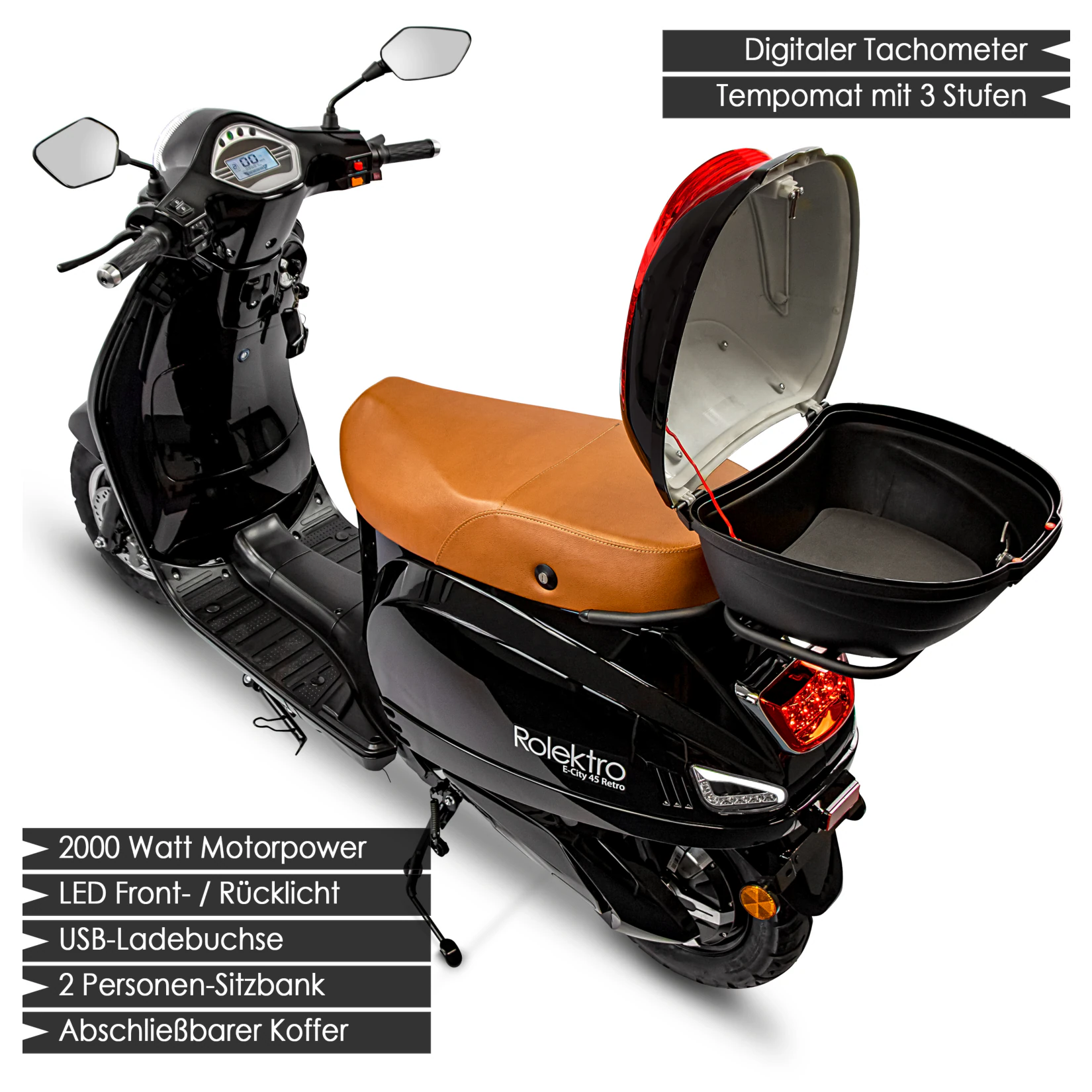 Rolektro, Retro 45 E-Roller, Lithium, V.2021, Schwarz, 60V-27,5Ah Akku, 2000 Watt