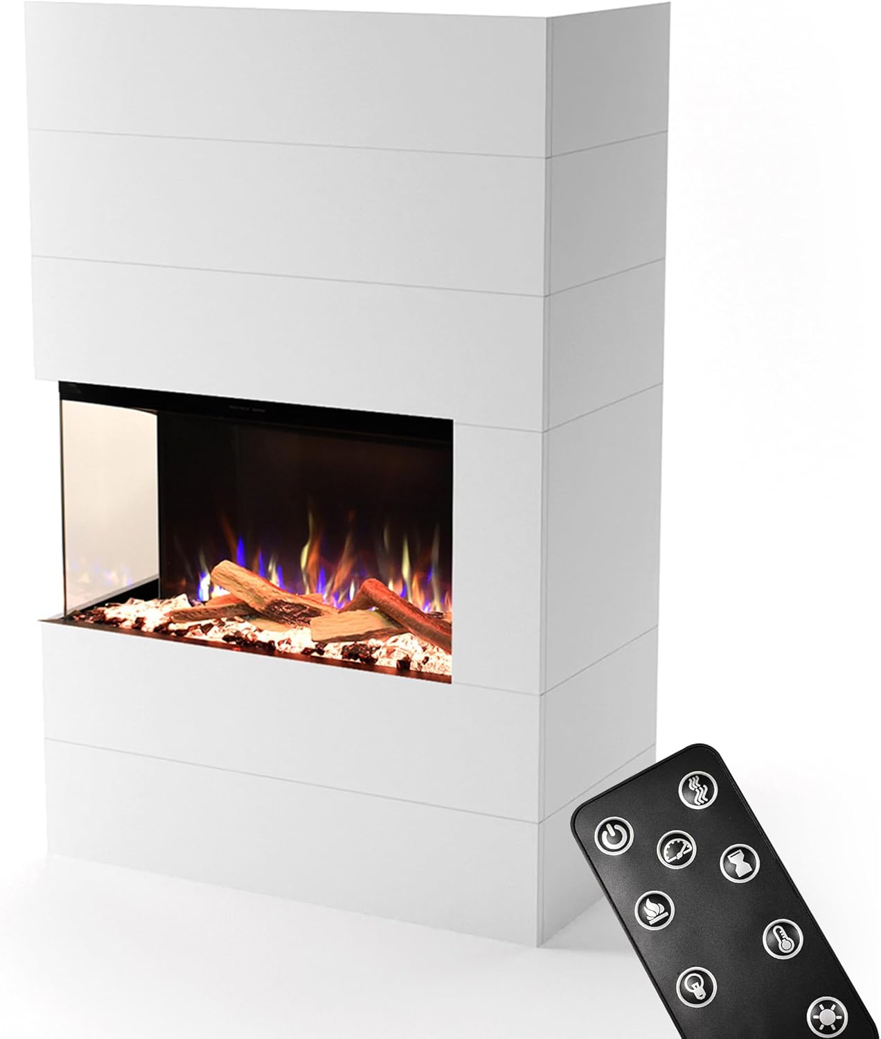 GLOW FIRE Kaminofen Portia linksoffen mit realistischem 3D E-Motion LED-Feuer - Stand-Elektrokamin mit Heizung und Kaminfeuer, Knistereffekt & Timer, max. 1500 W, 140x90x45, Weiß