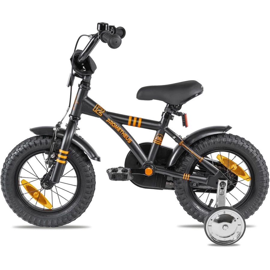 PROMETHEUS BICYCLES® Kinderfahrrad 12 in Schwarz Matt & Orange ab 3 Jahre mit Stützräder