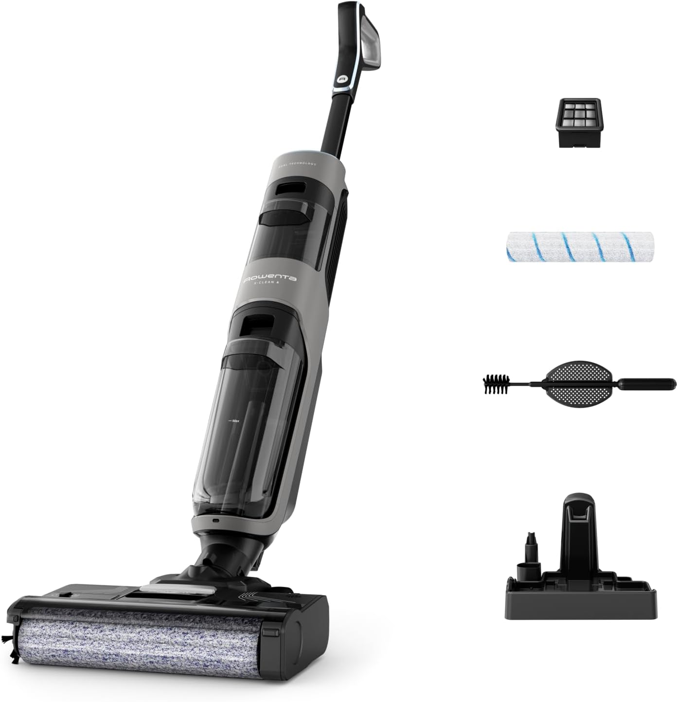 Rowenta X-Clean 4 kabelloser Nass-und Trockenstaubsauger, Selbstreinigungsfunktion, 50min Laufzeit, automatische Schmutzerkennung, Nasssauger mit smartem LED Display, für alle Hartböden, grau GZ5036WO