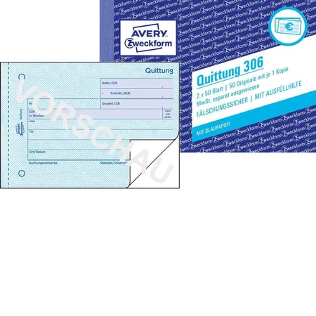 Avery Zweckform 306 Quittung MwSt. separat ausgewiesen, A6 quer, mit Blaupapier, 2x50 Blatt