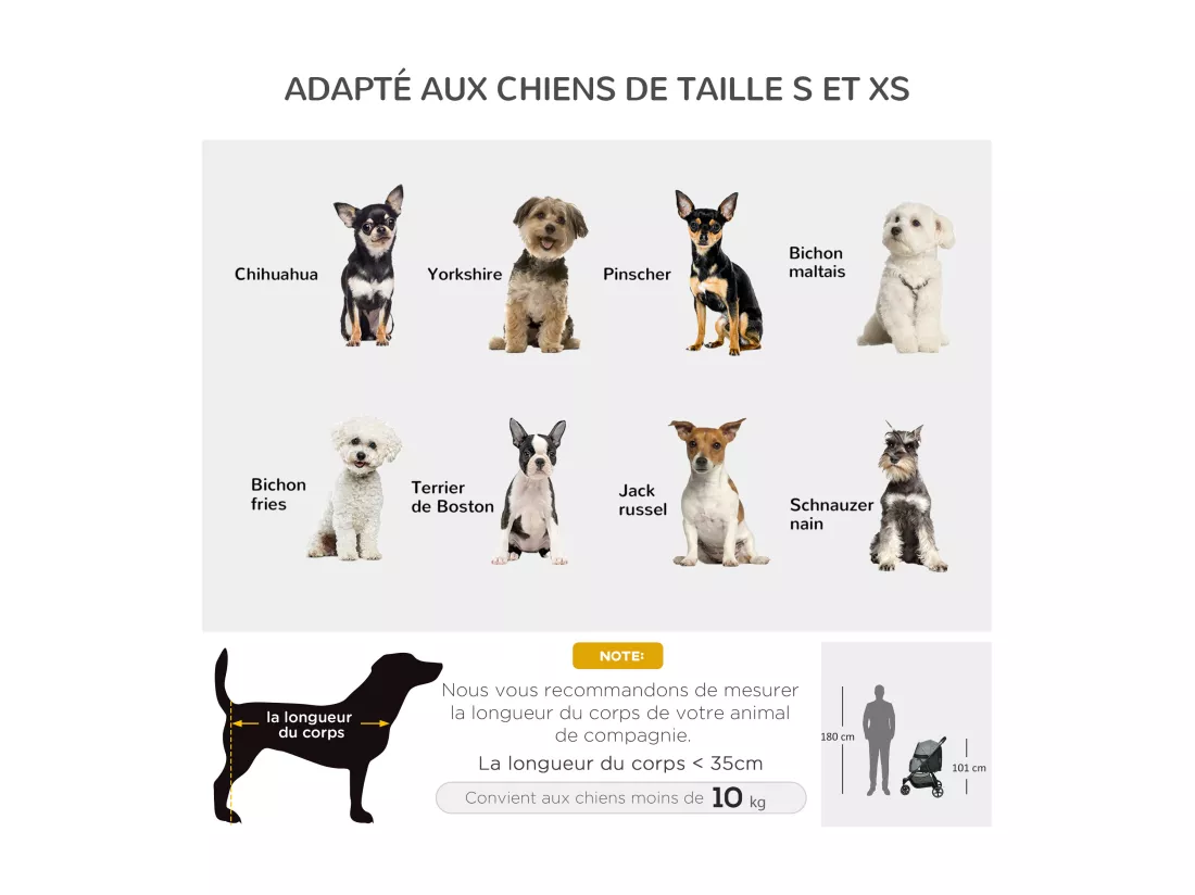 Poussette buggy pliable pour chien chat - 2 attaches, guidon réglable, panier - acier oxford gris