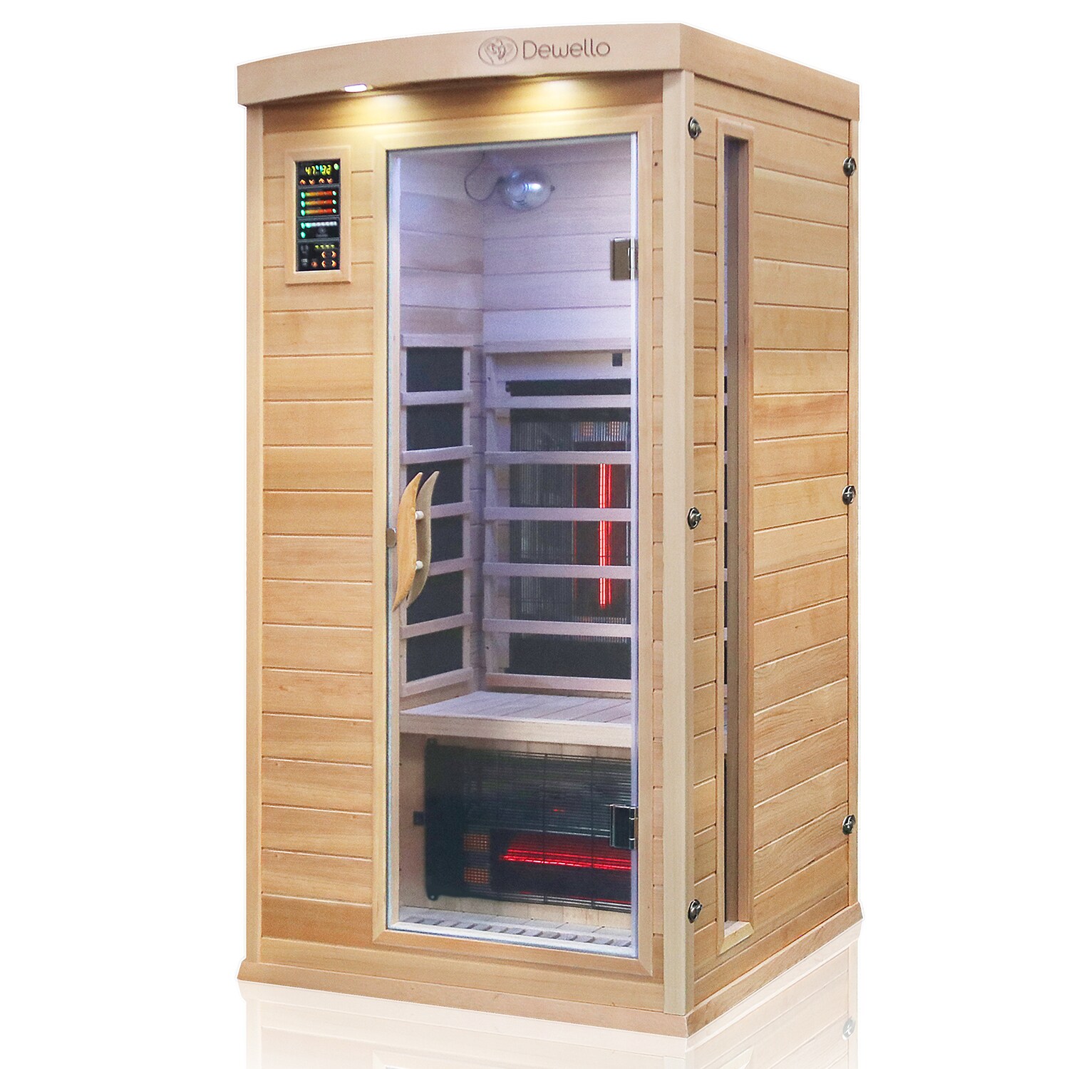 Dewello® Infrarotkabine Pierson Pro 100x100 für 1 Person, Hemlockholz & Zeder, 3 DUO-Vollspektrumstrahler, 3 Karbonstrahler