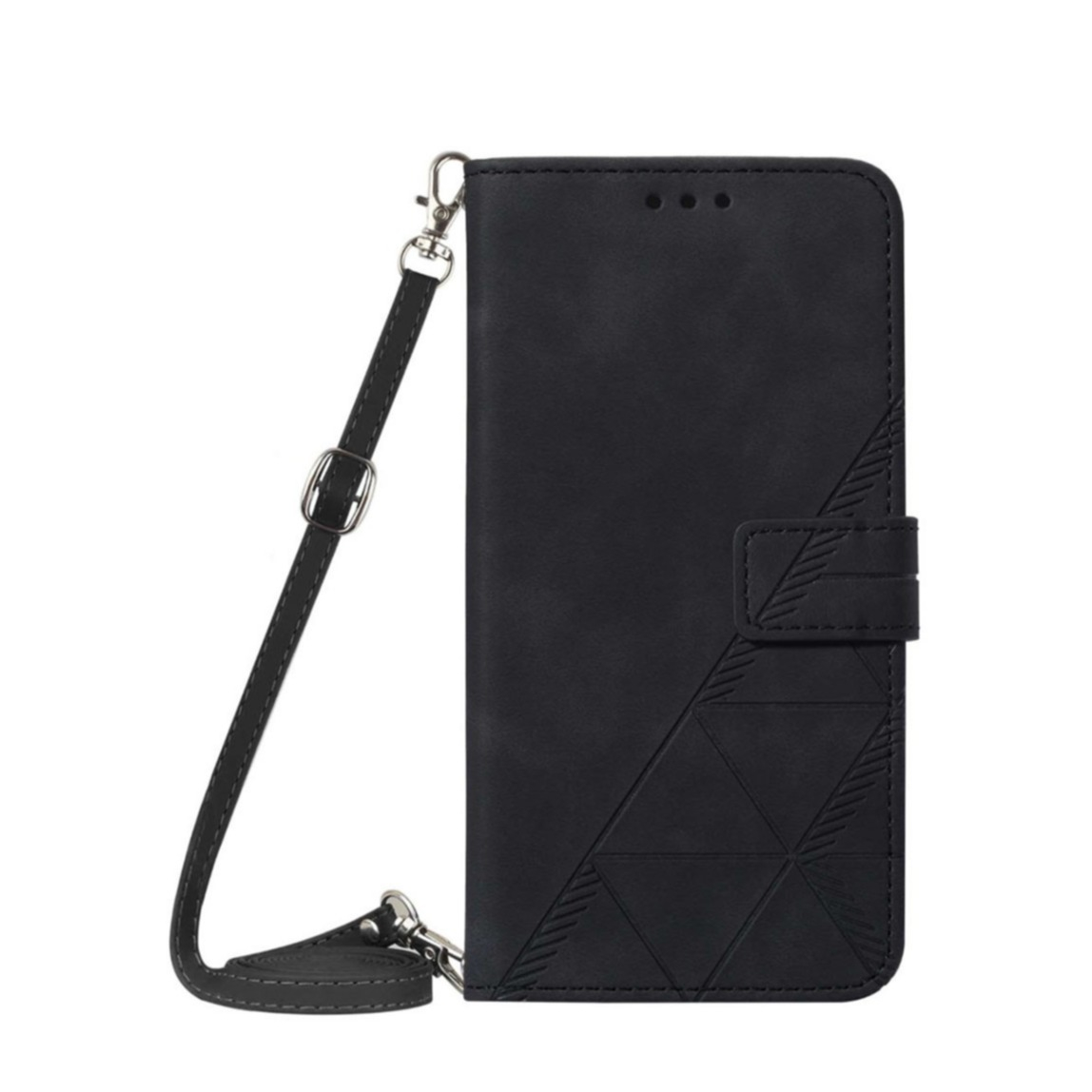 iPhone 14 Necklace Leder Tasche Flip Cover Geometrisches Imprint Muster - Schwarz