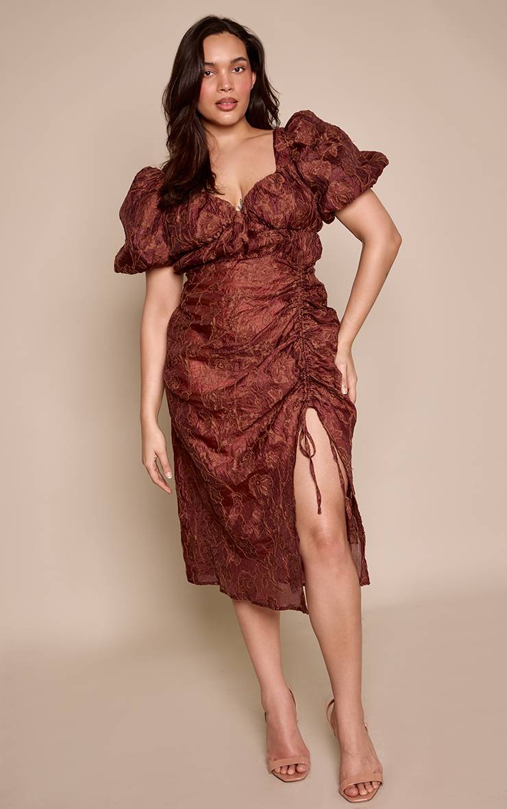 Chocolat Robe Midi Grande Taille En Jacquard À Manches Bouffantes Avec Fronces Et Fente Latérale