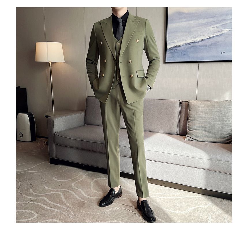 Deepwood - Set: effen dubbelrijs blazer + vest met knoopjes + hoge taille rechte broek