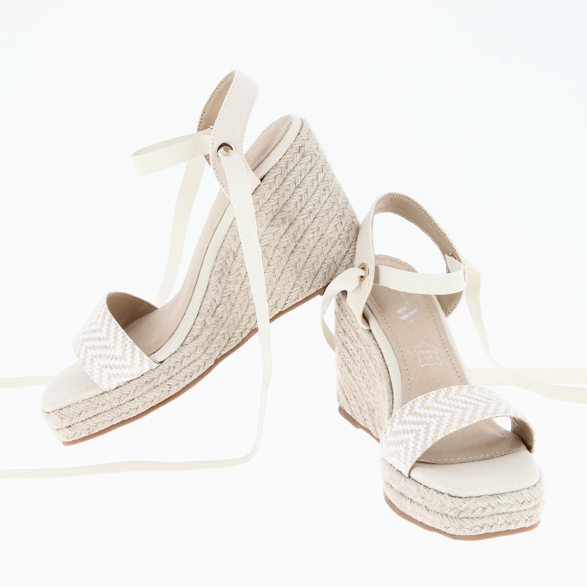 Sandales à talon, Compensées-Sandales compensées Aya beiges à bride tressée