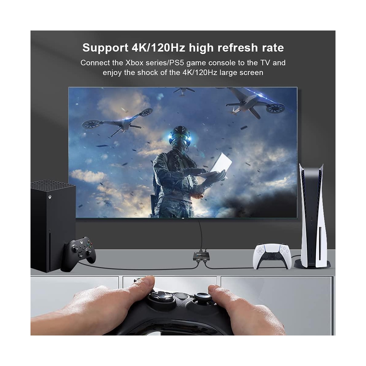 NÖRDIC HDMI-svitsj 2 til 1 8K60Hz 4K120Hz 48Gbps HDR HDCP2.3 Surround 7.1 CEC