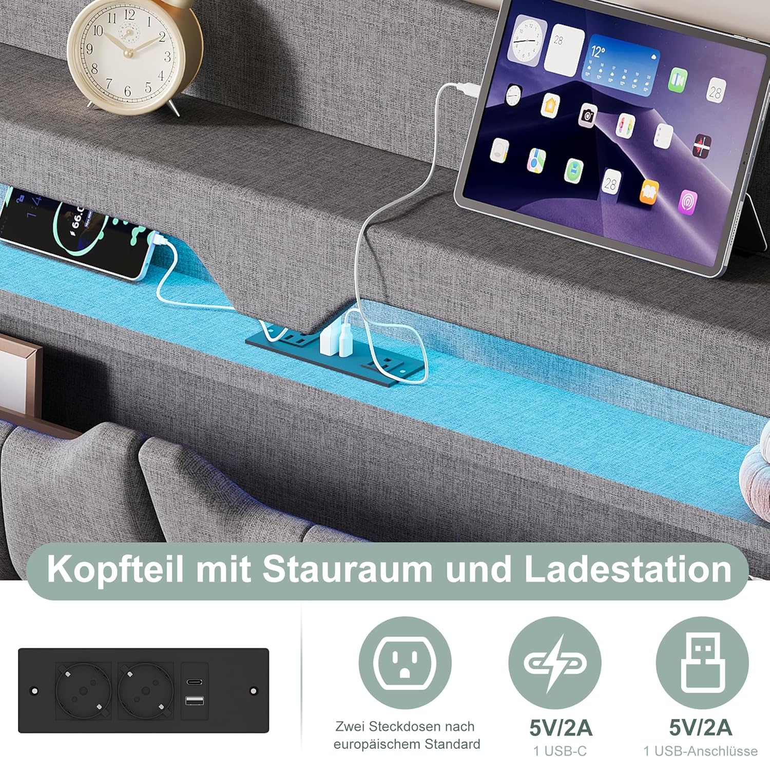 Polsterbett Doppelbett 140x200, LED Jugendbett Hydraulisch Bett mit Stauraum, LED-Kopfteil mit USB Typ-C & Staufach, Boxspringbett Bettgestell mit Lattenrost, Linen, Hellgrau, Ohne Matratze