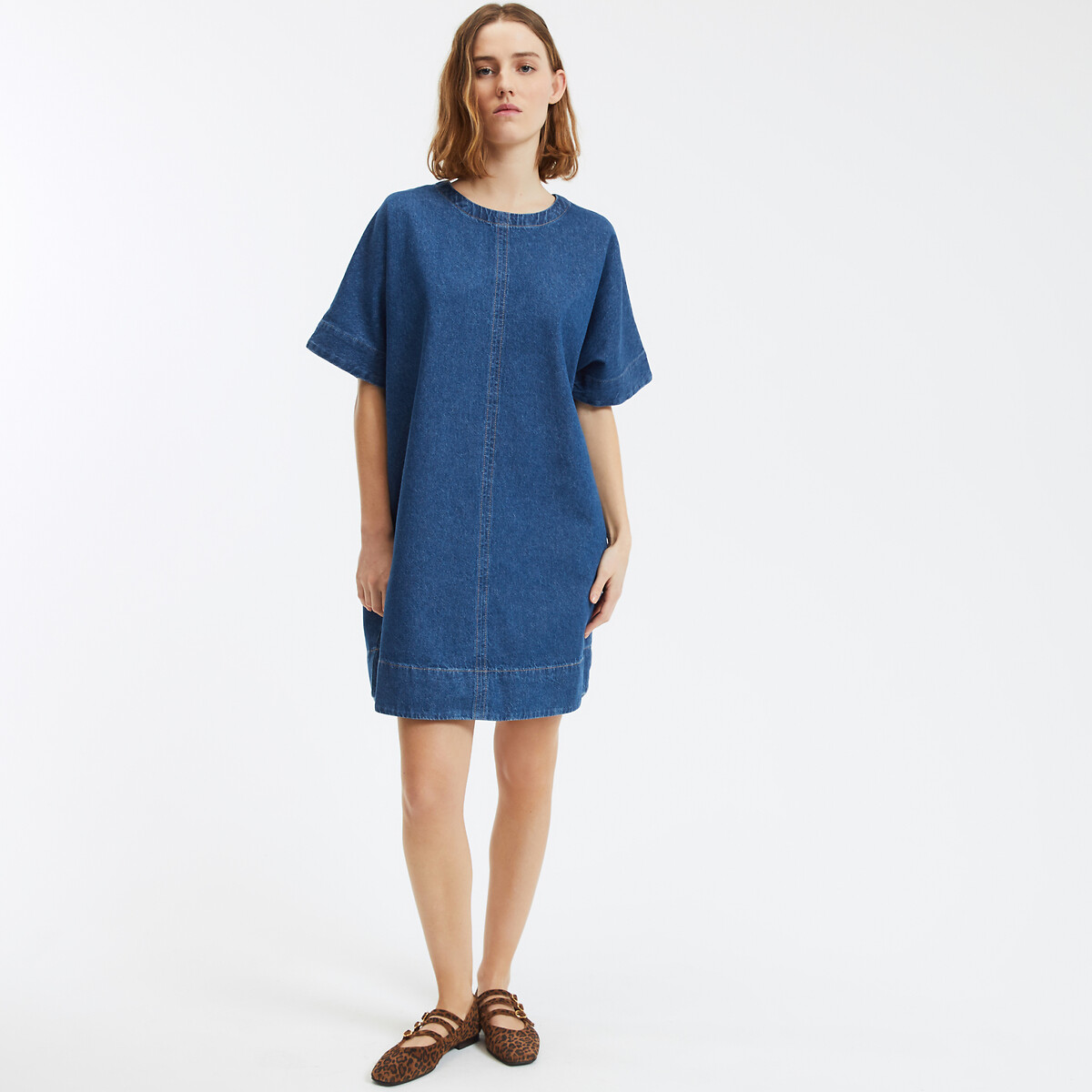 COLEÇÕES LA REDOUTE<br>Vestido evasê, jeans, mangas curtas