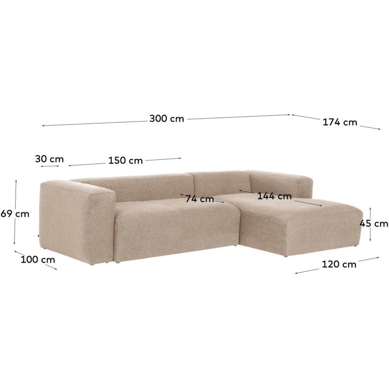 Canapé Blok 3 places beige méridienne à droite 300 cm