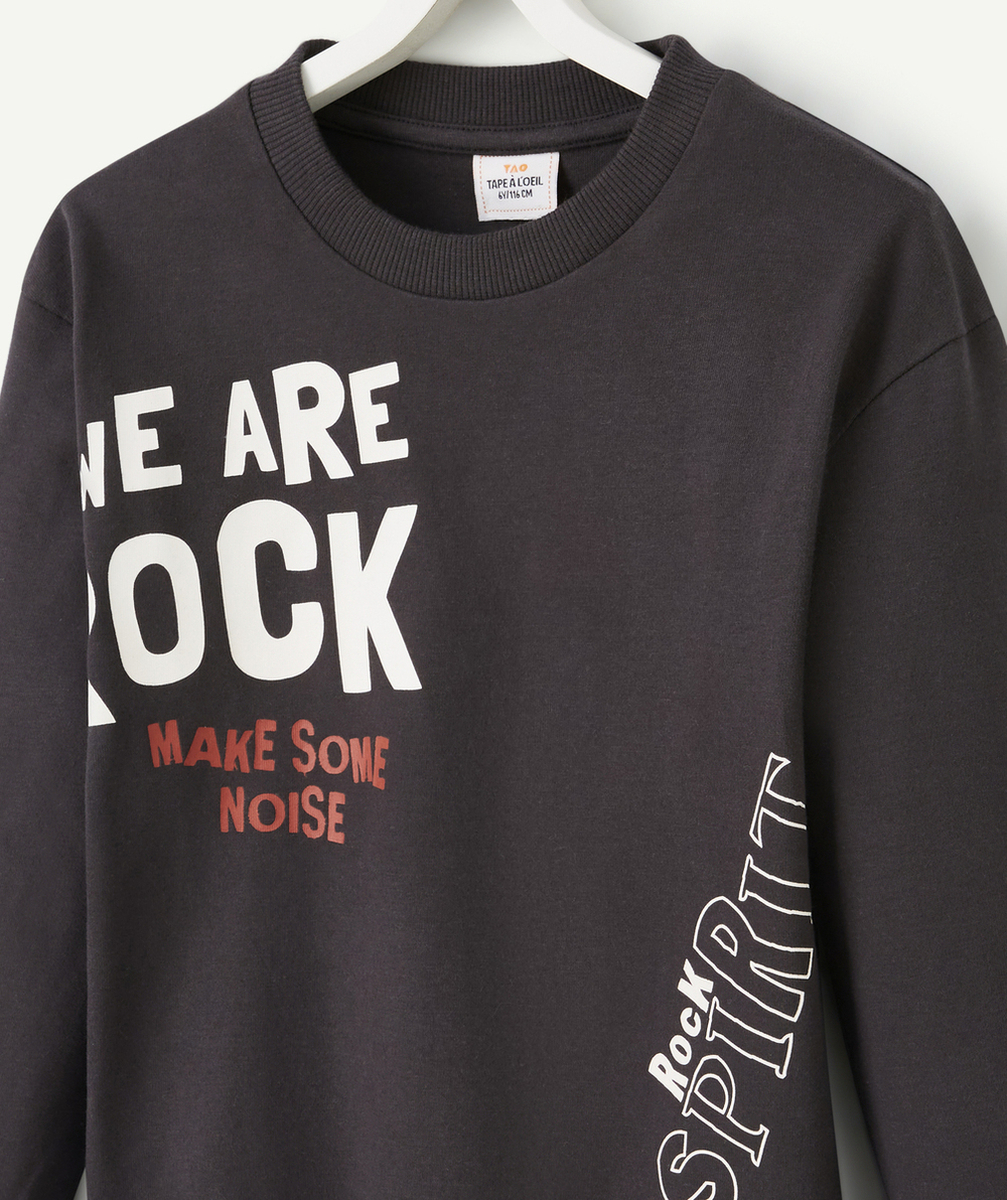 T-SHIRT GARÇON EN COTON BIO GRIS FONCÉ AVEC MESSAGES THÈME ROCK