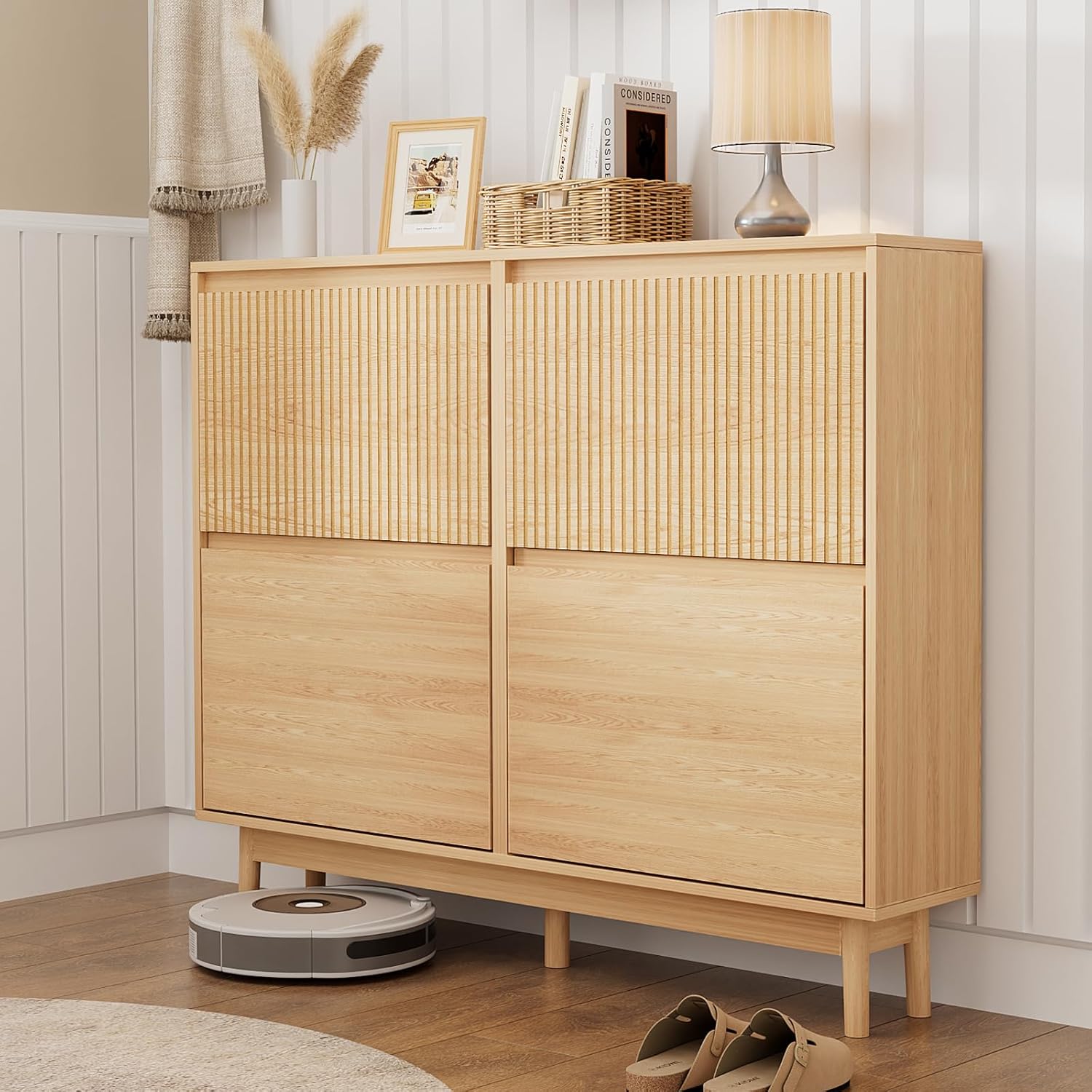 VOWNER Schuhschrank mit 4 Klappen, Versteckter Schuhschrank Schmal mit Flip Schubladen, Schuhregal Eingang für 16-28 Paar Schuhe, L120xT23.8xH98 cm