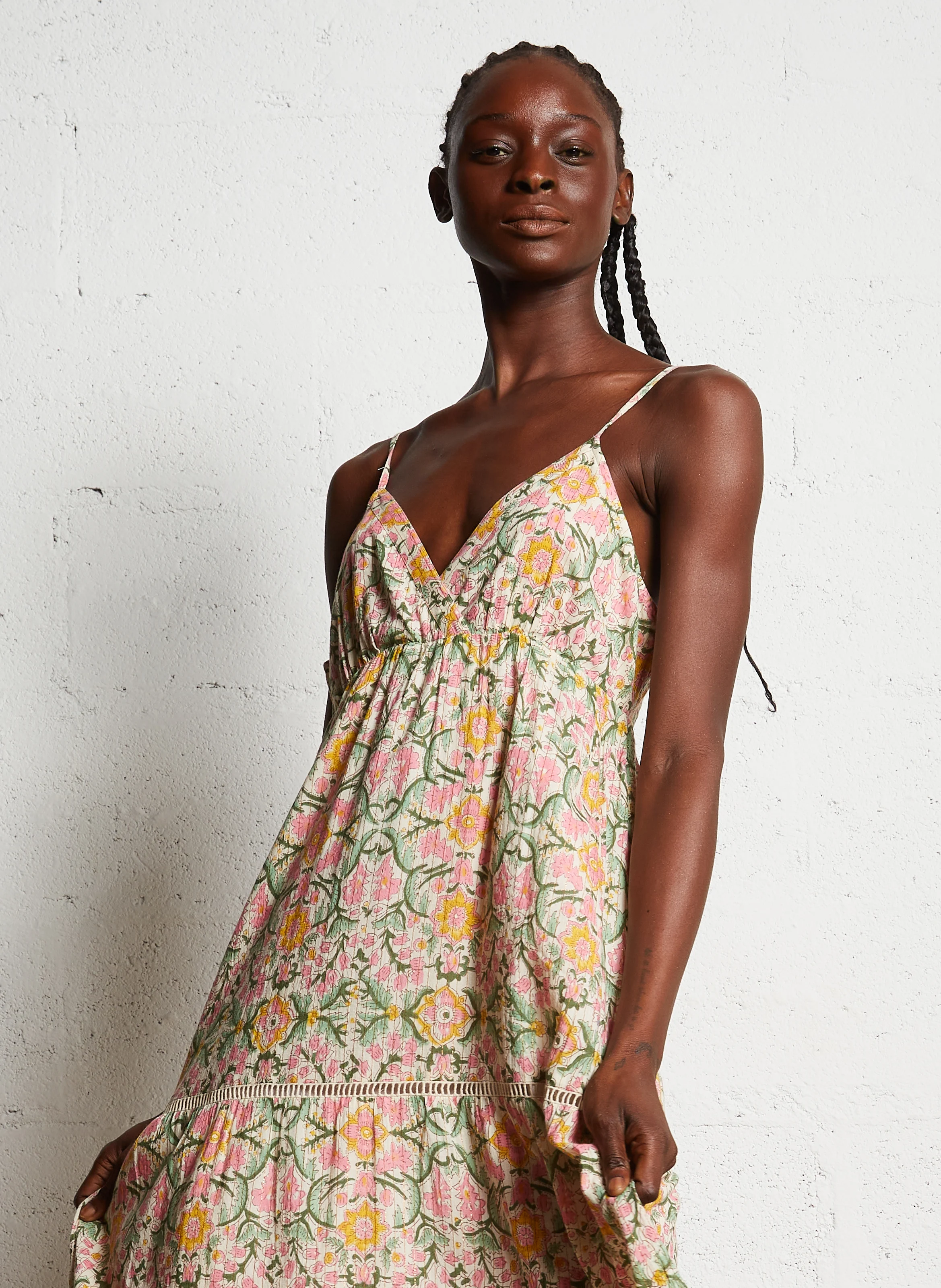 MELINA - Robe longue évasée col V en coton mélangé | Rose