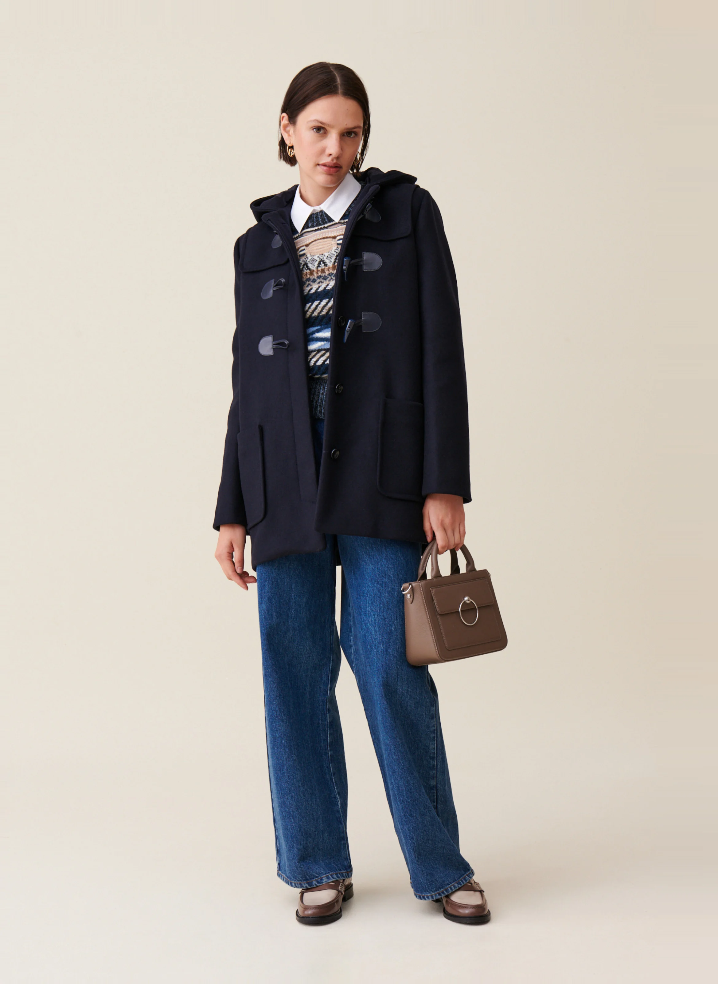 Manteau à capuche droit en laine mélangée | Bleu
