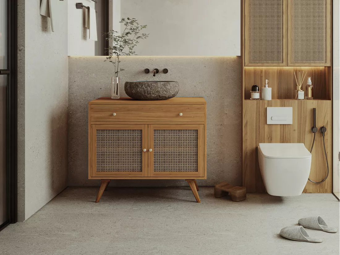 Meuble sous vasque en teck clair et cannage - 90 cm - MANSULAN