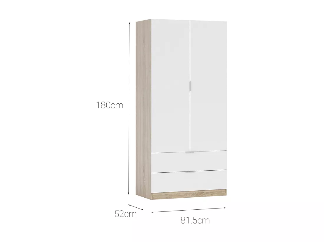 Armoire Darest, Armoire de chambre avec 2 portes et 2 tiroirs, Armoire avec tringle à vêtements, 82x52h180 cm, Blanc et Chêne