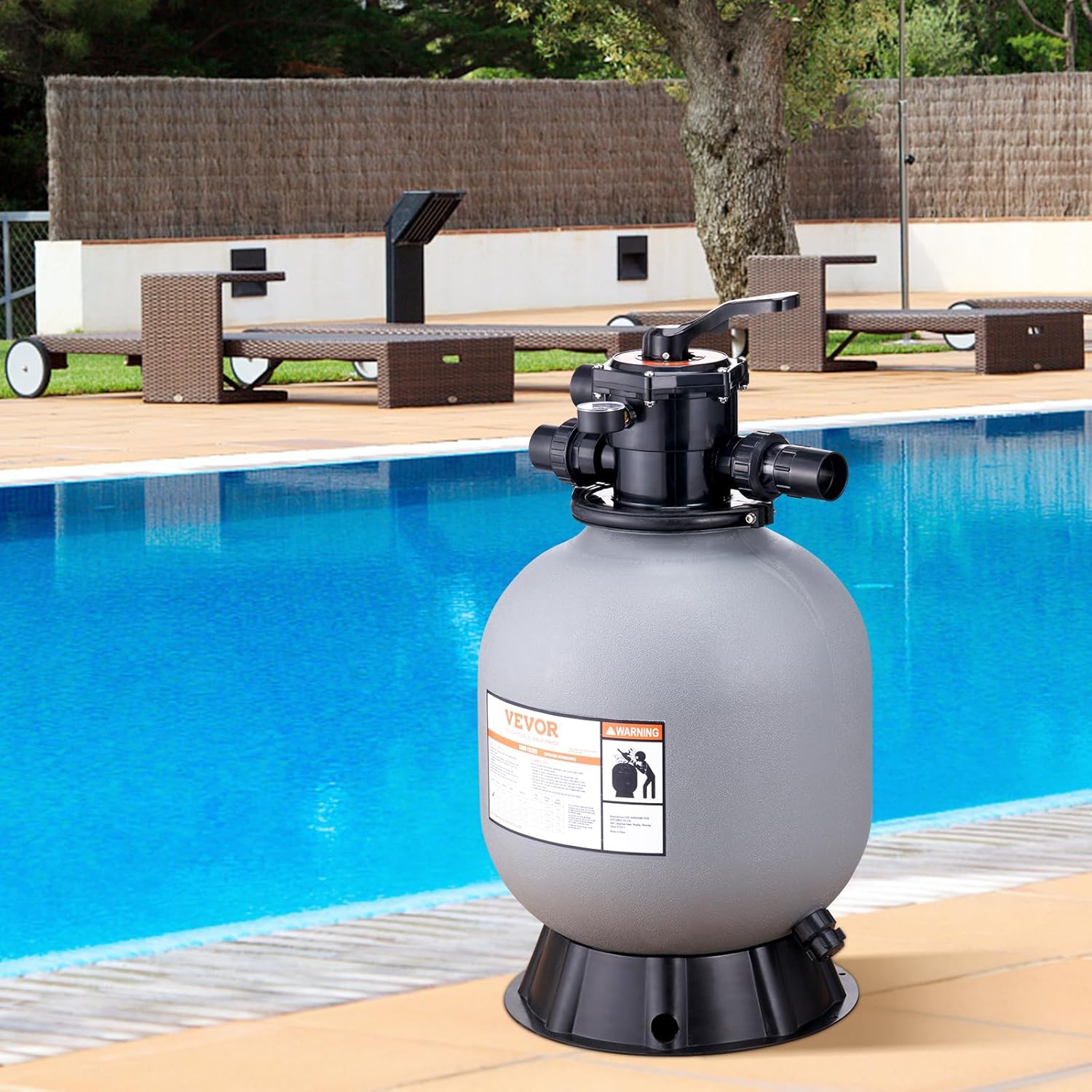 VEVOR Filtre à sable 482,6 mm système de filtre à sable pour piscine hors sol avec valve multi-ports 7 voies débit 45 GPM fonction filtre, lavage contre-courant, rinçage, recirculation, déchets, hiver