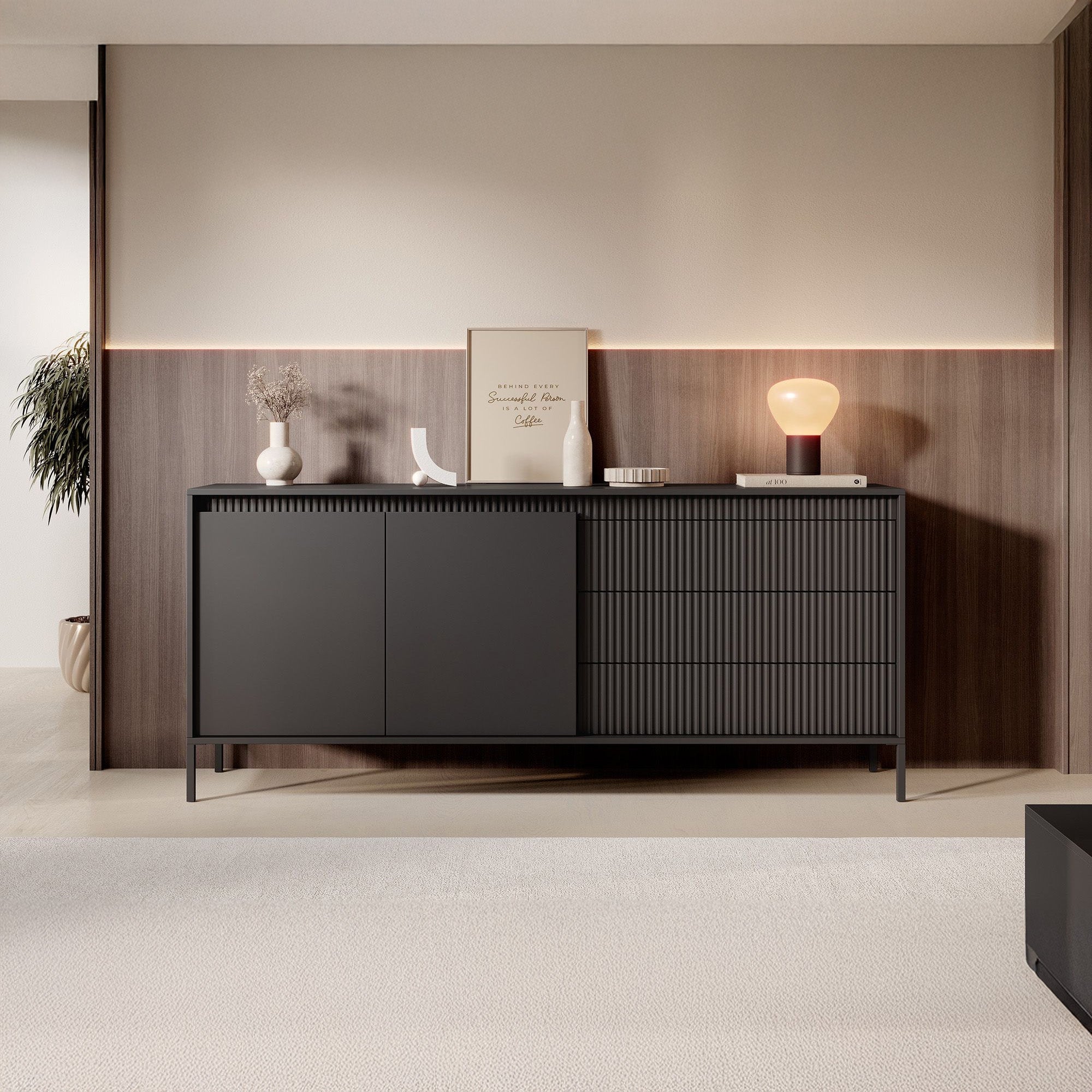 Meubella - Dressoir Saran - Mat zwart - 187 cm