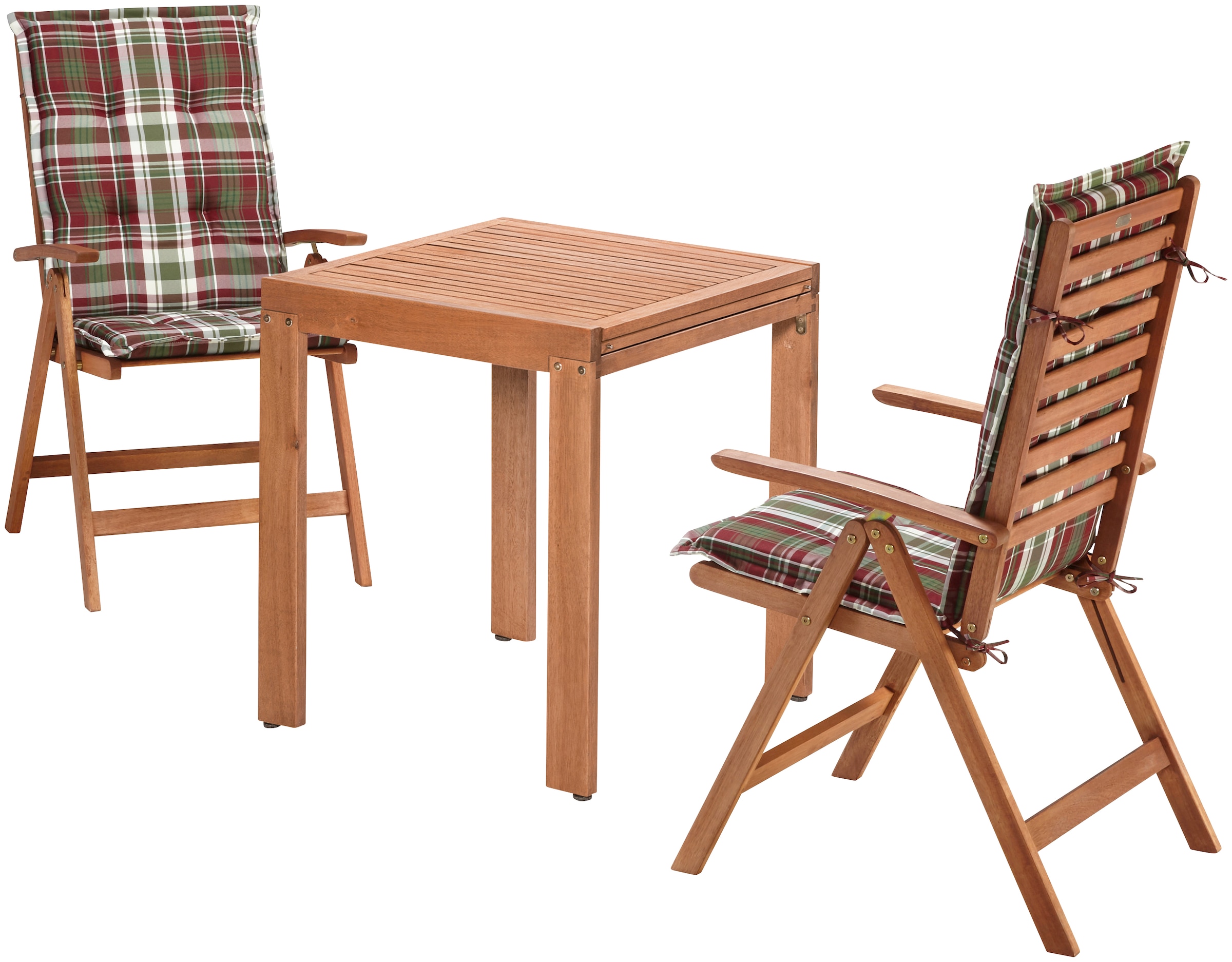 MERXX Balkonset »Borkum« 2x Klappsessel, inkl. Kissen, 1x Balkonausziehtisch 65(130)x65 cm, 5 Stk. tlg. Eukalyptusholz, FSC® Mix, geeignet für 2 Personen