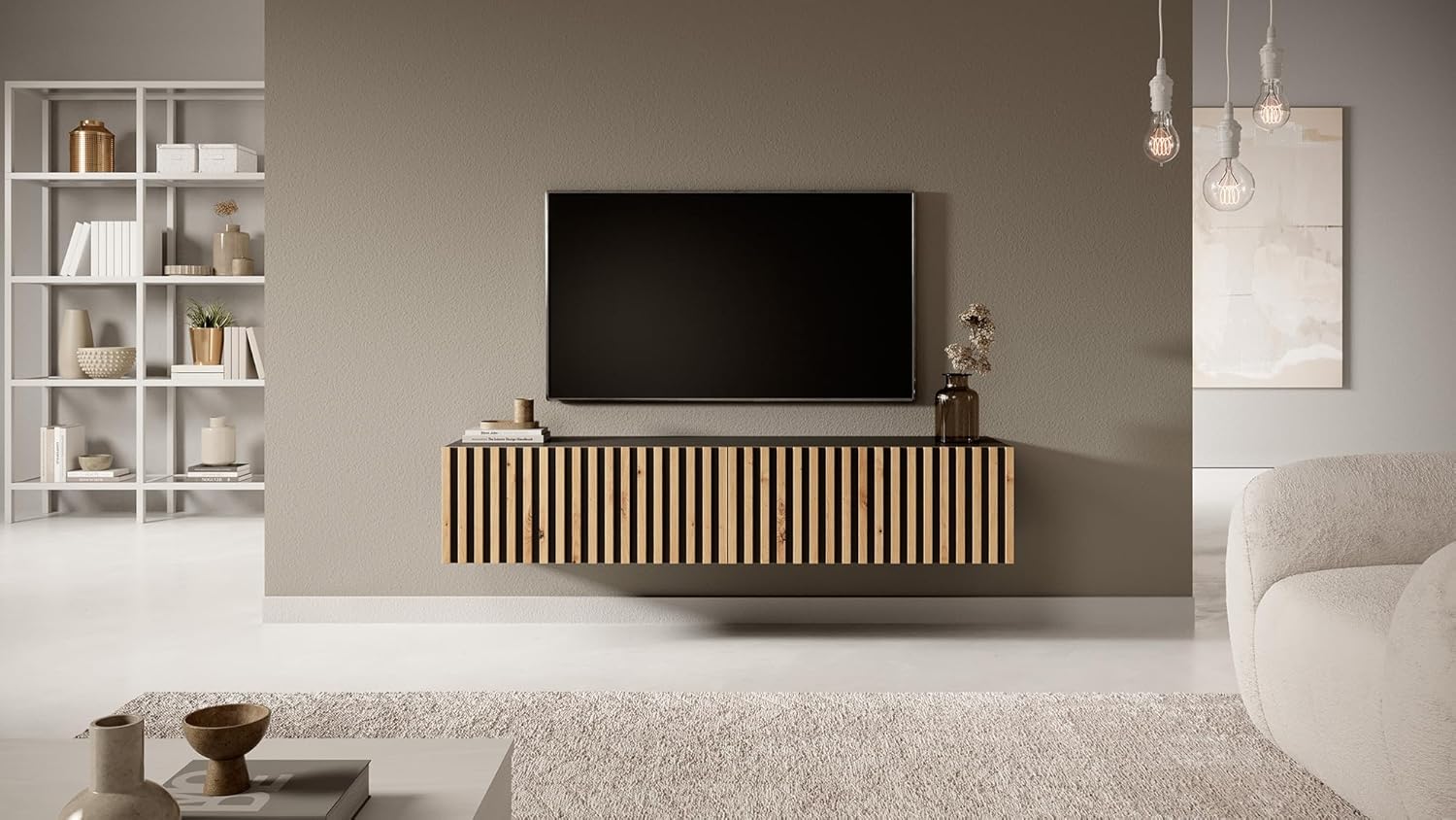 Selsey TV Schrank Board Sideboard Fernsehtisch Fernsehschrank 138,6 cm Hängend Schwarz Mit Lamellierter Front Telire