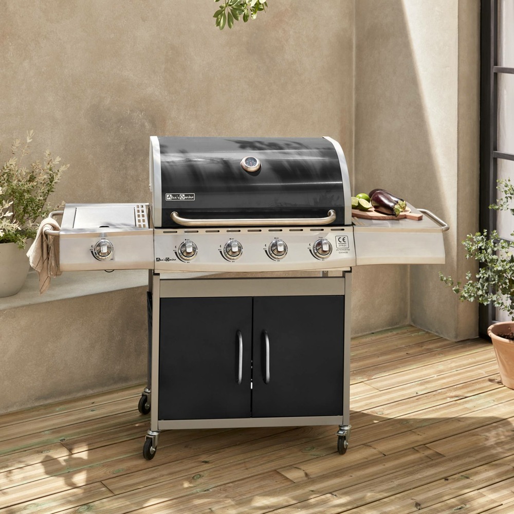 Barbecue gaz inox 17kw - richelieu noir - barbecue 5 brûleurs dont 1 feu latéral. Côté grill et côté plancha