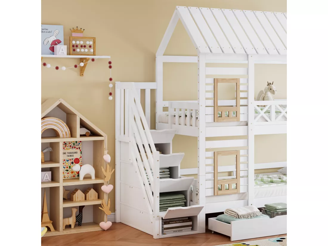 Lit superposé enfant 90x200 cm - avec fenêtre - deux tiroirs sur roulettes - avec 4 compartiments de rangement - avec échelle de sécurité - bois massif - blanc + naturel (matelas non inclus)
