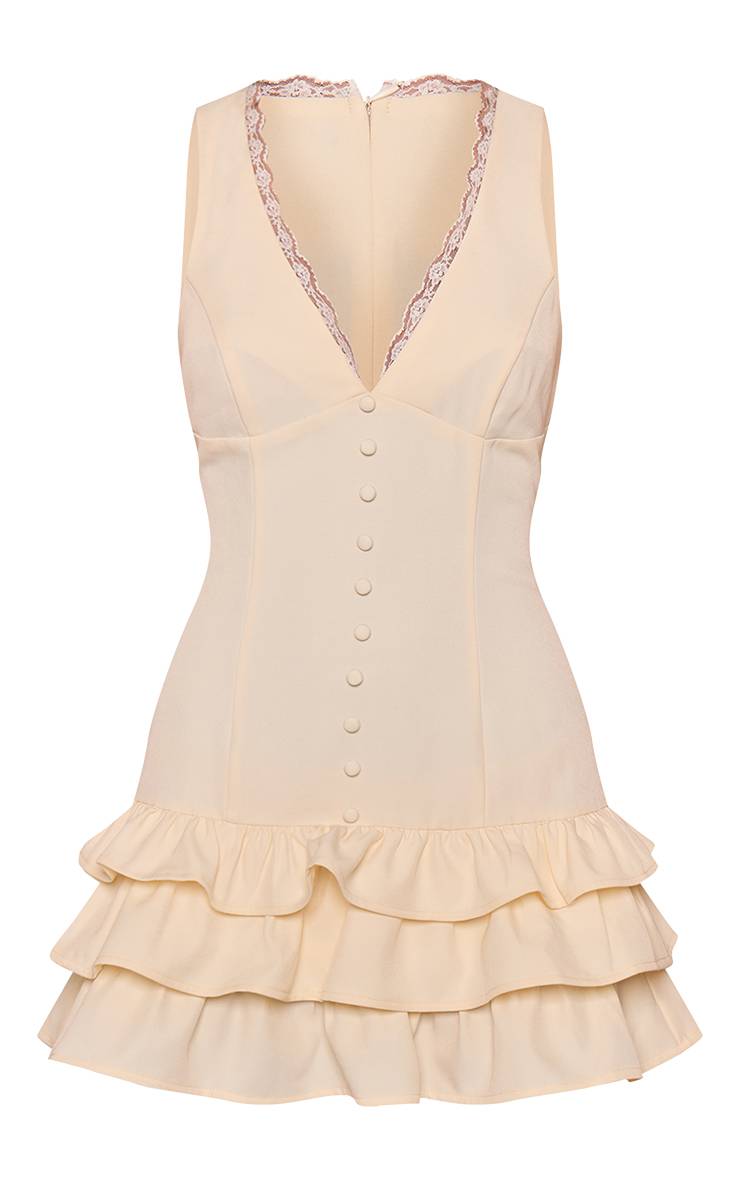 Crème Robe Mini Boutonnée En Tissu Tissé