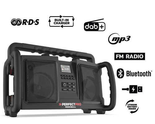 PerfectPro ROCKBULL bouwplaatsradio met DAB+ en FM-ontvangst, Bluetooth, AUX- en USB-ingang, inclusief oplader en geïntegreerde lithium-ionbatterij, 11,1 V 230 V, IP65