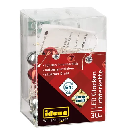 Idena 30er LED Glocken-Lichterkette, warmweiß, für innen, batteriebetrieben, mit Timer