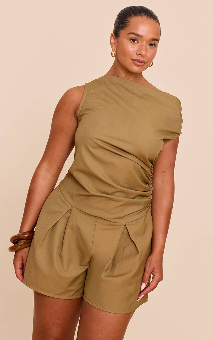 Kaki Combishort Ajusté Froncé À Manche Unique En Tissu Tissé Shape