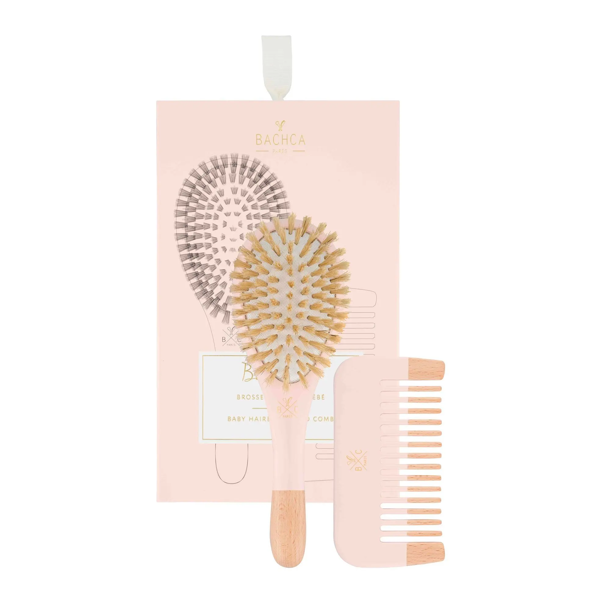 Bachca - Baby Kit Pink Brosse 100% sanglier petit modèle + peigne boisBrosse bébé en bois - Picots 100% sanglier - Nouveautés
