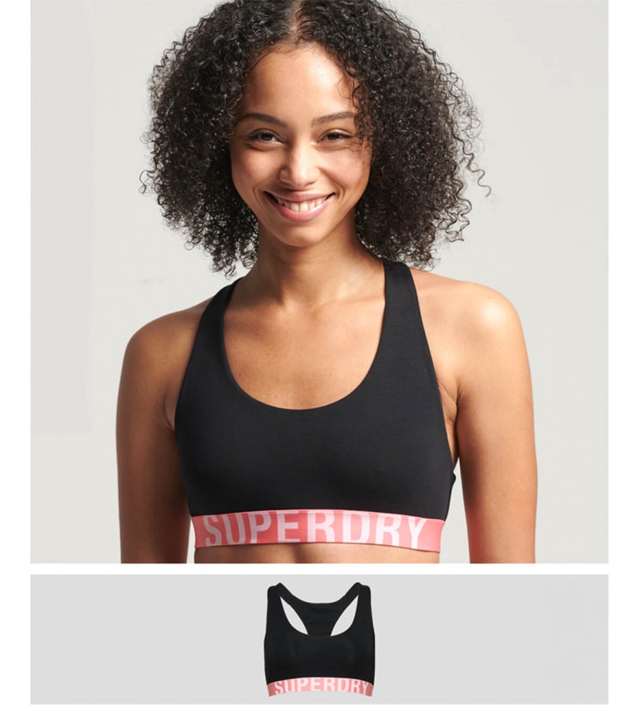 Sutiã curto estilo bralette em algodão orgânico Superdry com logo grande, preto.