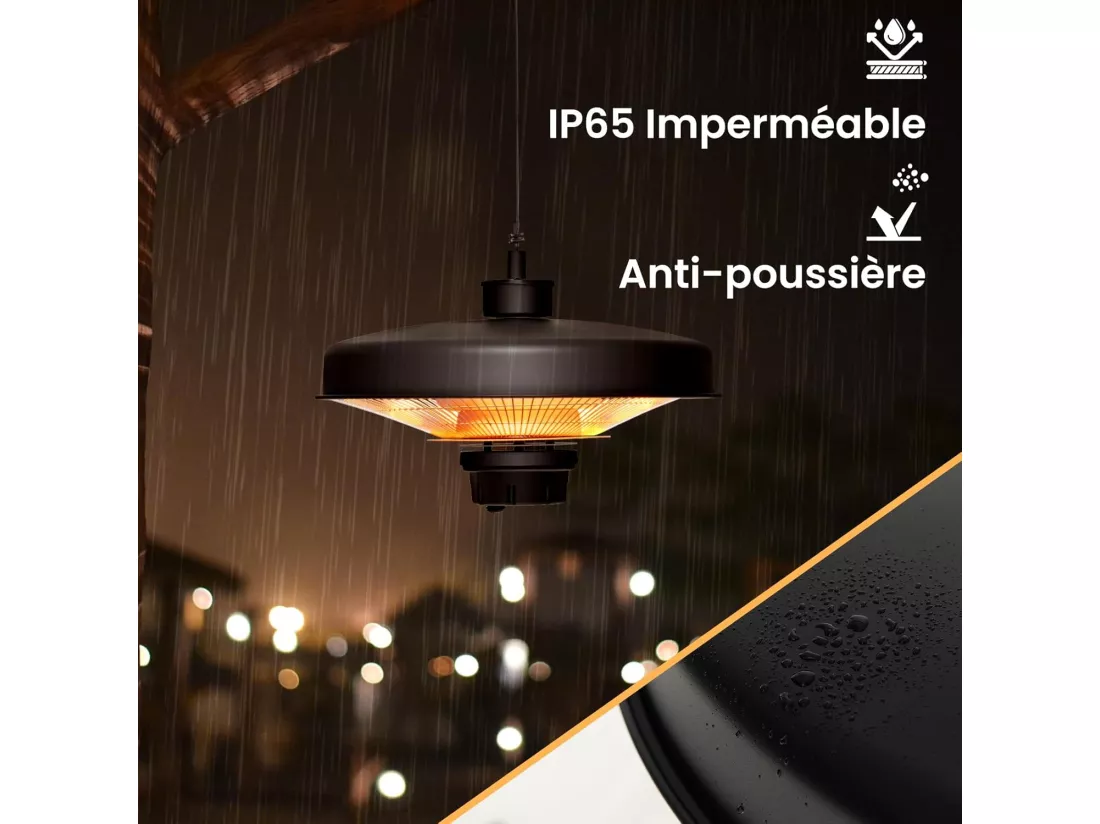 Chauffage Électrique Suspendu à InfraRouge 2000 W, Chauffage Radiant de Plafond Extérieur Étanche IP65 Protection Contre la Surchauffe, pour Porche Terrasse Tonnelle