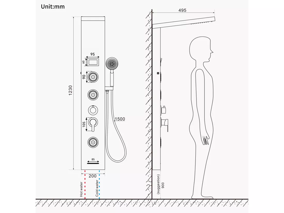 Panneau Douche LED LCD Indicateur de température Colonne Douche Hydromassante Panneau Douche en Acier Inox Brossé avec 3 Jets de Massage,EU Modèle