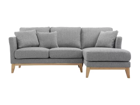 Canapé d'angle droit déhoussable scandinave 4 places en tissu gris clair et bois clair OSLO