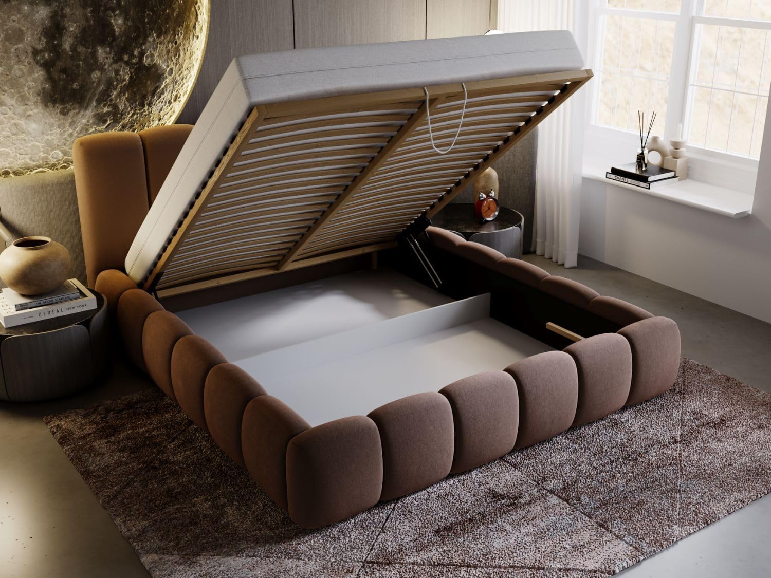 GRAINGOLD Cloud Bett 200x200, Polsterbett mit Bettkasten, Polsterbett mit Stauraum, Samt, mit Lattenrost, mit Kopfteil, ohne Matratze (Braun, 200x200)