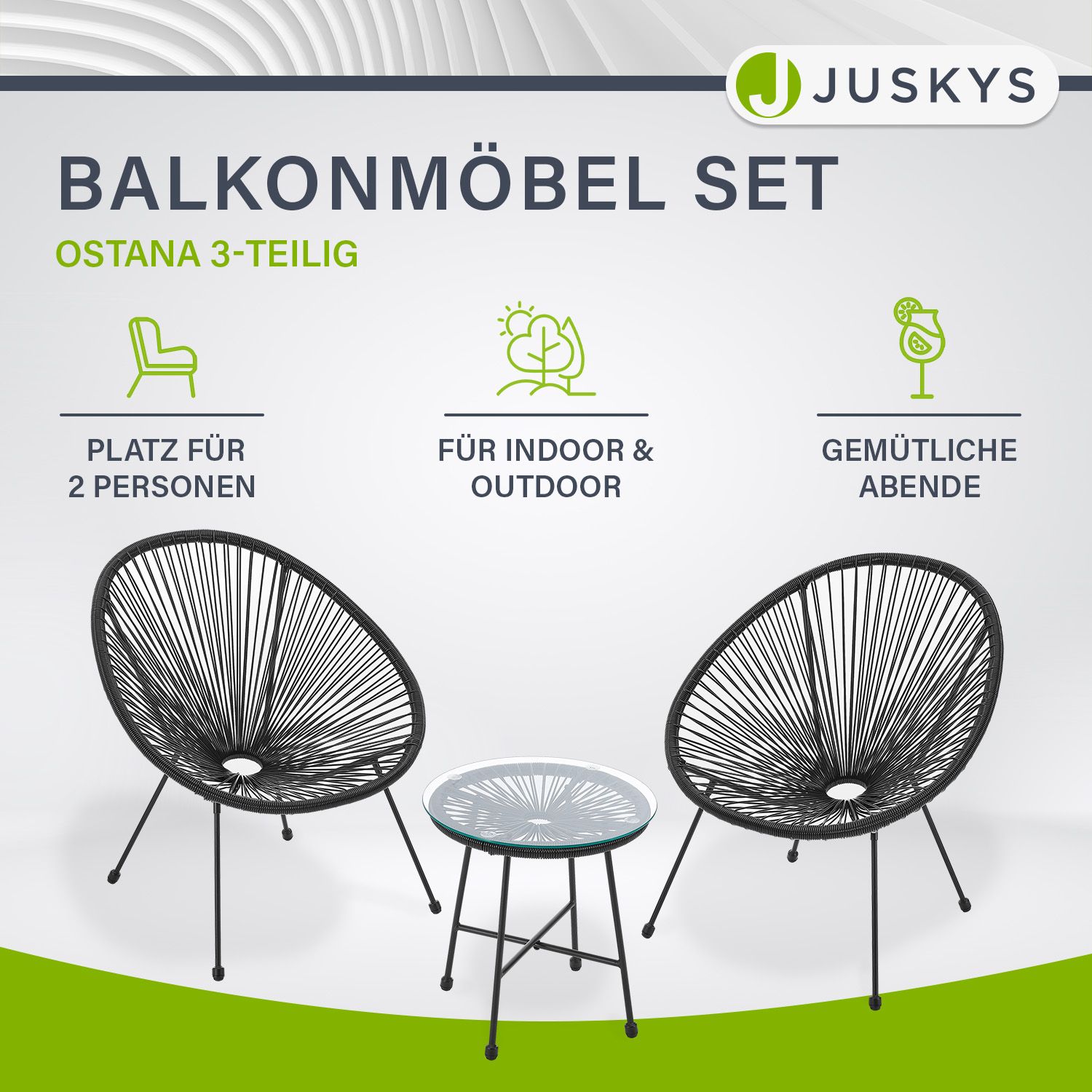 Juskys Balkonmöbel Set Ostana 3-teilig mit Tisch & 2 Sesseln - stilvolles Gartenmöbel Schwarz
