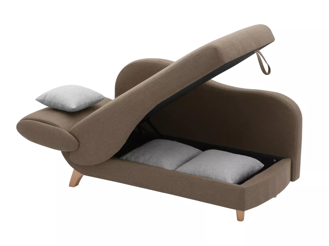Méridienne droite convertible en tissu marron avec coffre de rangement PENELOPE