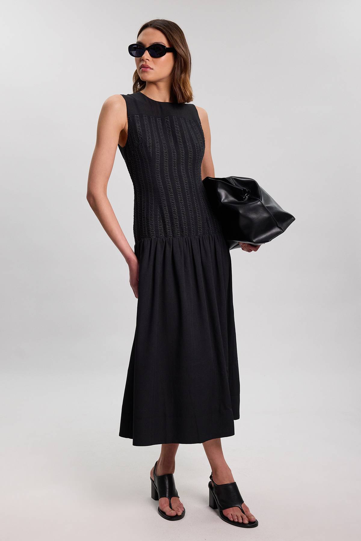KarenMillen Robe Midi Tissée Texturée À Taille Basse Et Manches Longues