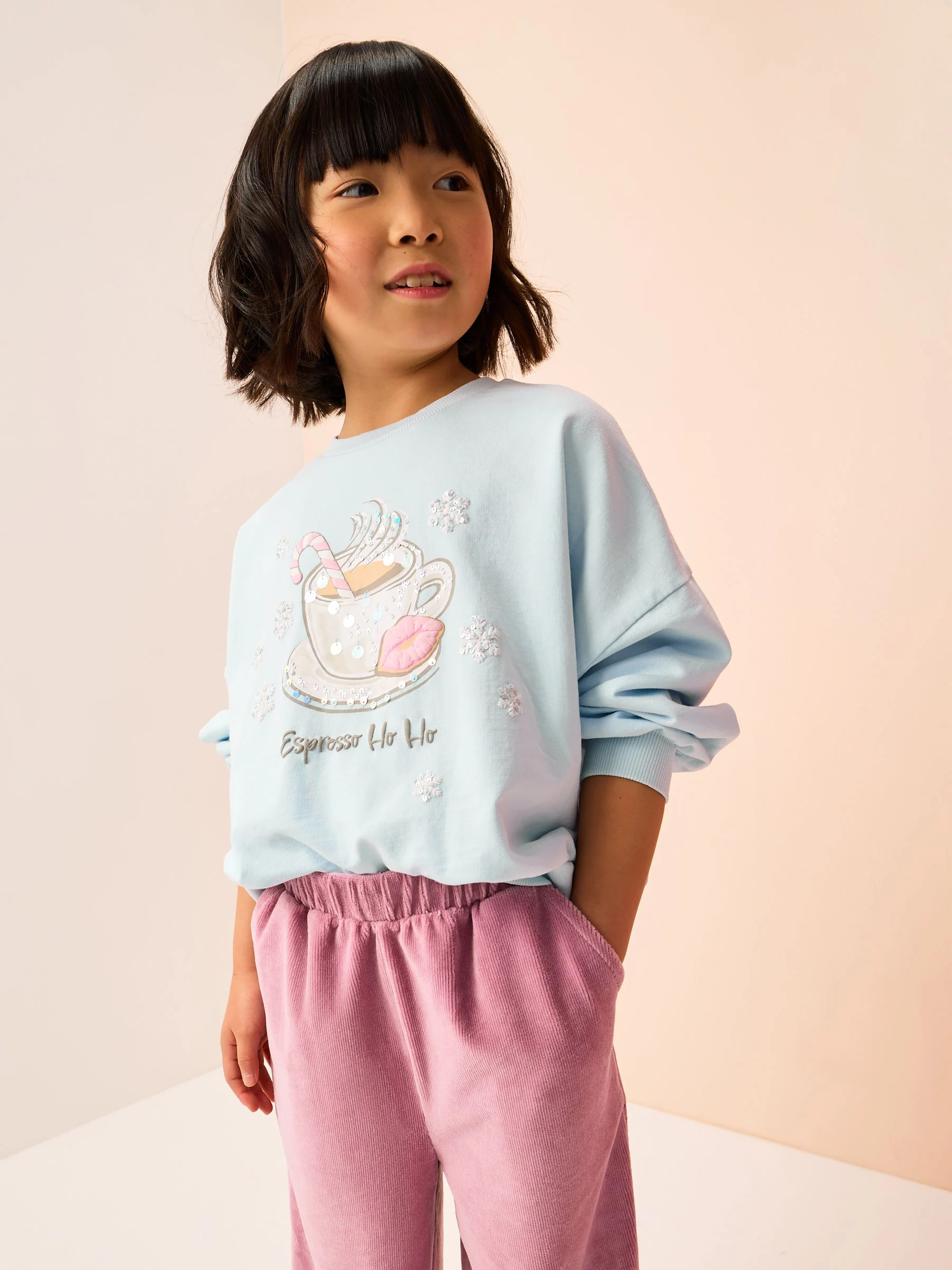 Blauwe Kerstmis Espresso - Sweater met lovertjes en lange mouwen (3-16jr)