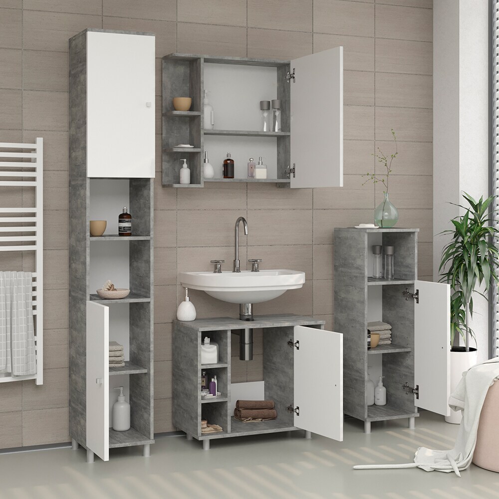 Vicco Badmöbel Set Fynn Badezimmer Spiegel Kommode Unterschrank Grau Beton