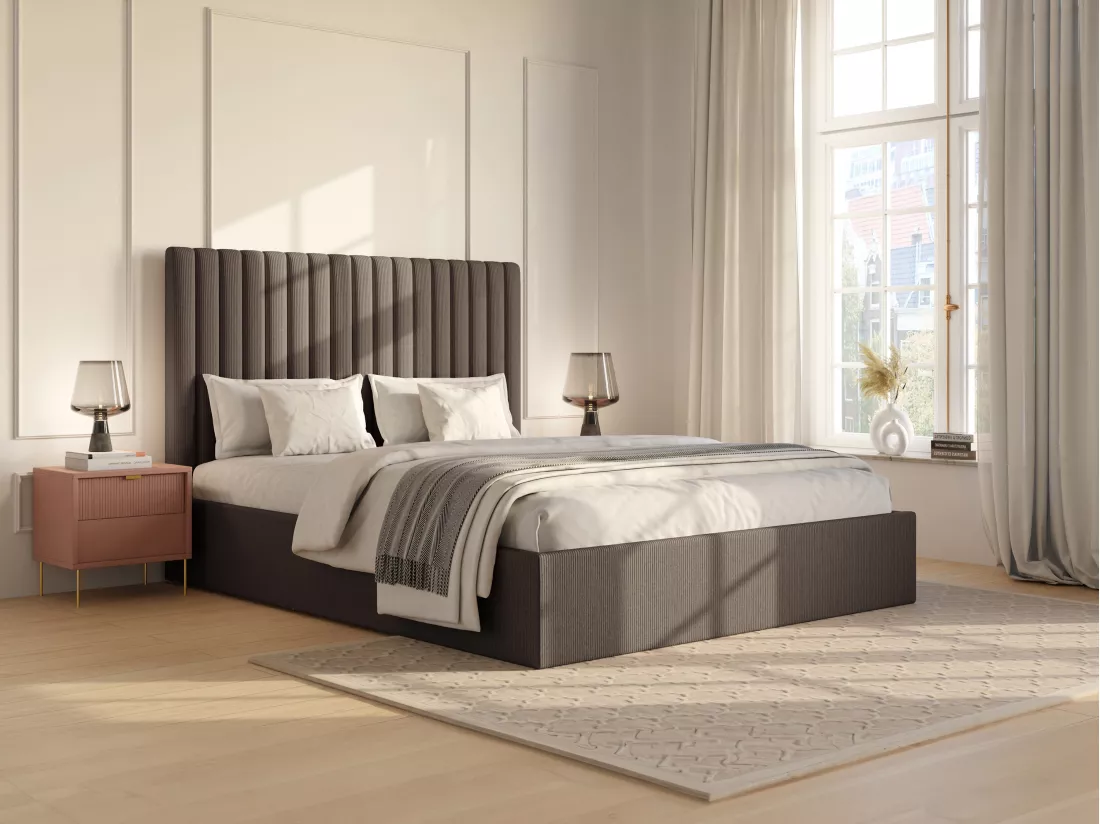Lit coffre 160 x 200 cm avec tête de lit coutures verticales - Velours côtelé - Taupe + Matelas - SARAH