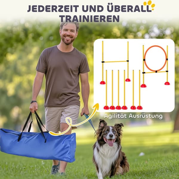 Dog Agility Set, 4-delt utfyllbart agility utstyr for hundetrening, hekkesett med slalåmstaver, høydejusterbart, hekk, hoppring, koordinasjonstrening