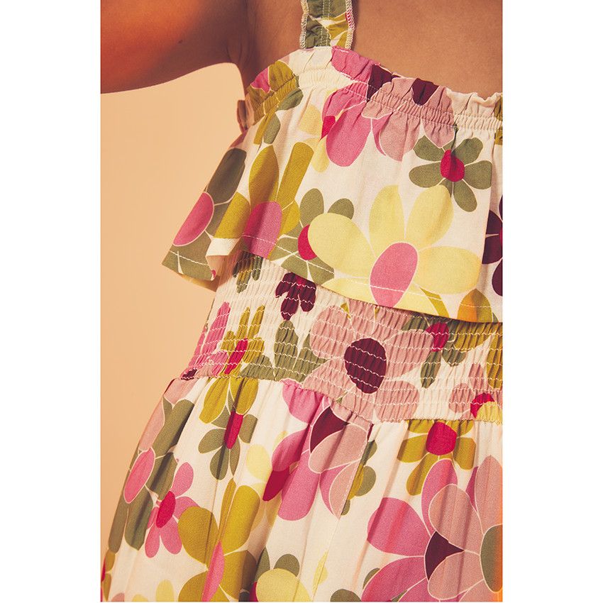 Combinaison longue volantée à smock imprimé fleurs pour fille - Blanc