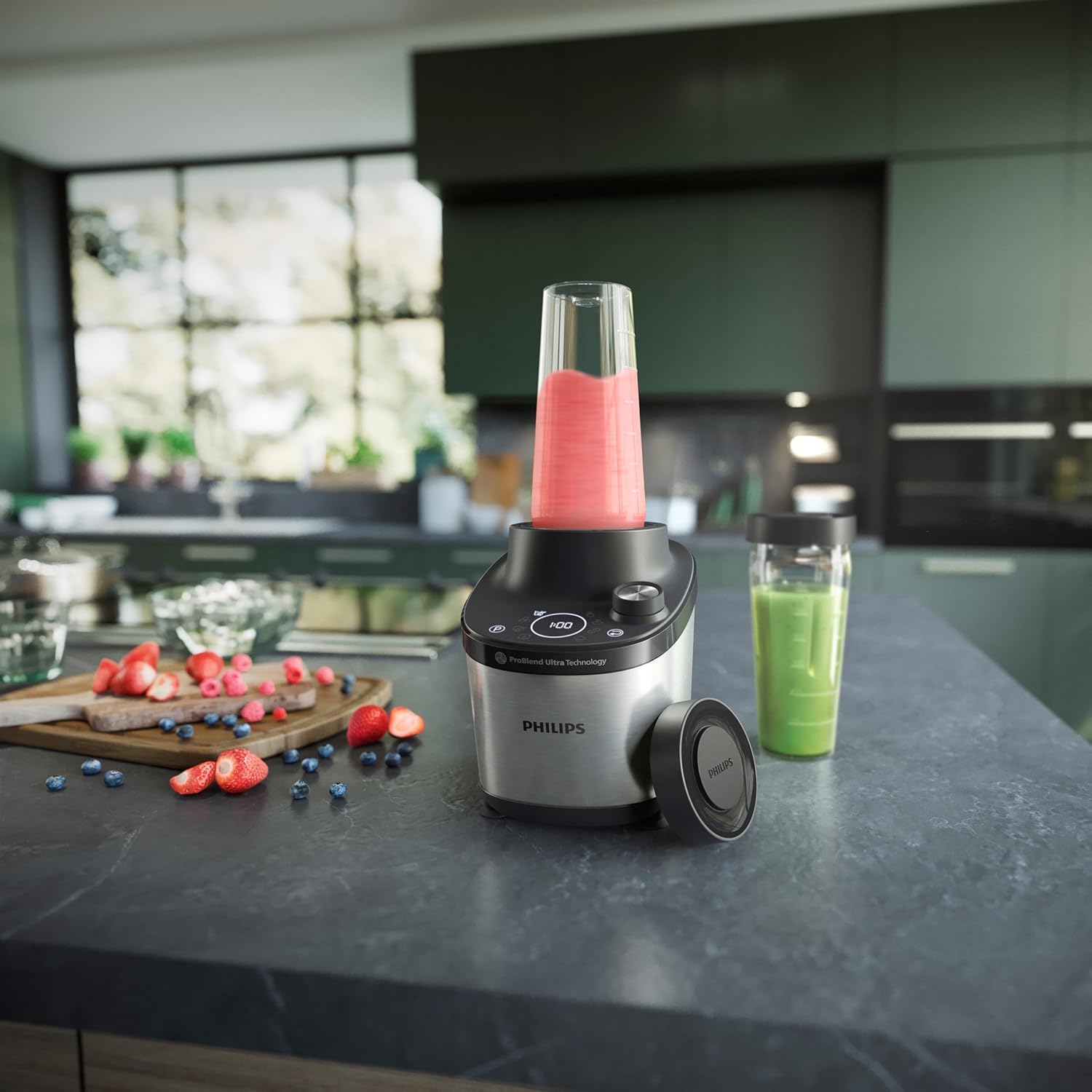 Philips 7000 Series Hochleistungsstandmixer – ProBlend Ultra Technologie, 1.500 W, 2-L-Glasbehälter, Schnellauswahlprogramme für Smoothies & Suppen, HomeID App, Spülmaschinenfeste Teile (HR3760/10)