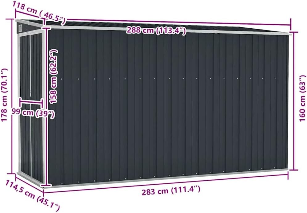 vidaXL Wand Geräteschuppen Kunststoffgriff mit Sperrfunktion Gerätehaus Gartenhaus Gartenschuppen Schuppen Anthrazit 118x288x178cm Stahl